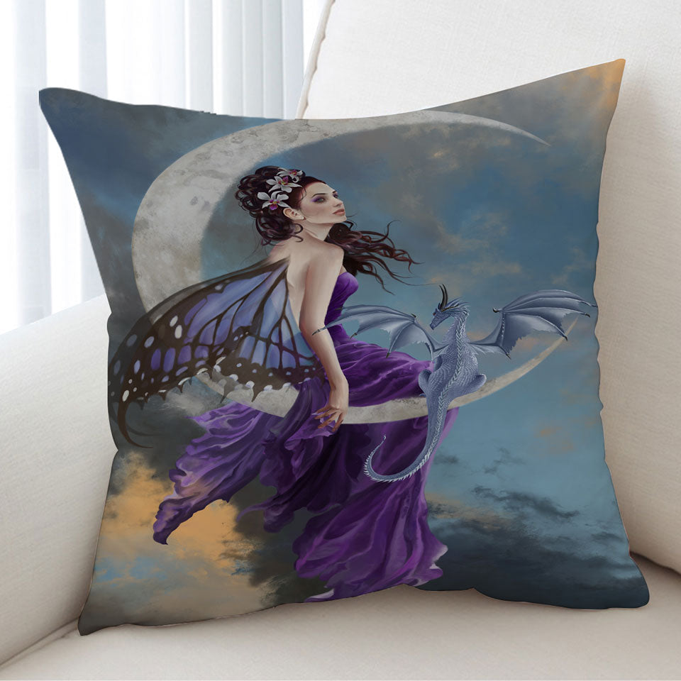 Fantasy Cushion Covers Art the Pretty Purple Moon Fairy and Dragon
