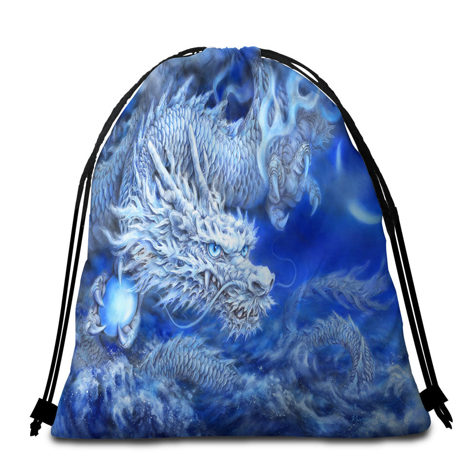 Fantasy Design Night Storm White Blue Dragon Beach Towels and Bags Set