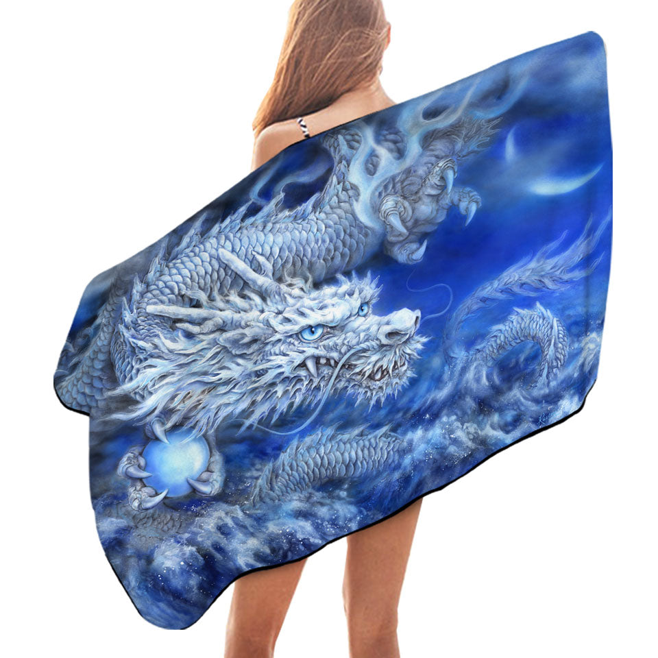 Fantasy Design Night Storm White Blue Dragon Microfiber Beach Towel