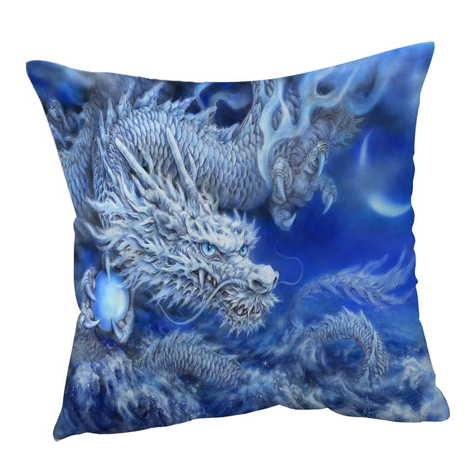 Fantasy Design Night Storm White Blue Dragon Pillow