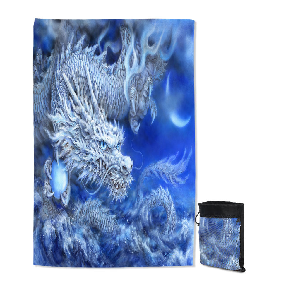 Fantasy Design Night Storm White Blue Dragon Quick Dry Lightweight Beach Towel