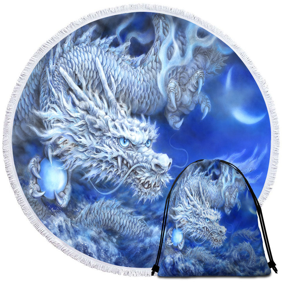 Fantasy Design Night Storm White Blue Dragon Round Beach Towel