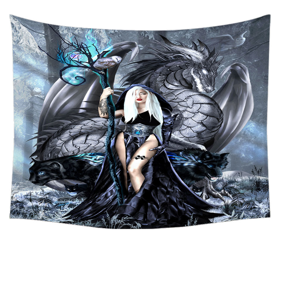 Fantasy Digital Art Tapestry Wall Decor with Aquarius Witch and Dragon