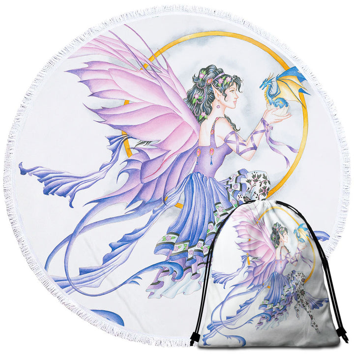 Fantasy Drawing Purplish Fairy and Little Dragon Beach Towels Near Me