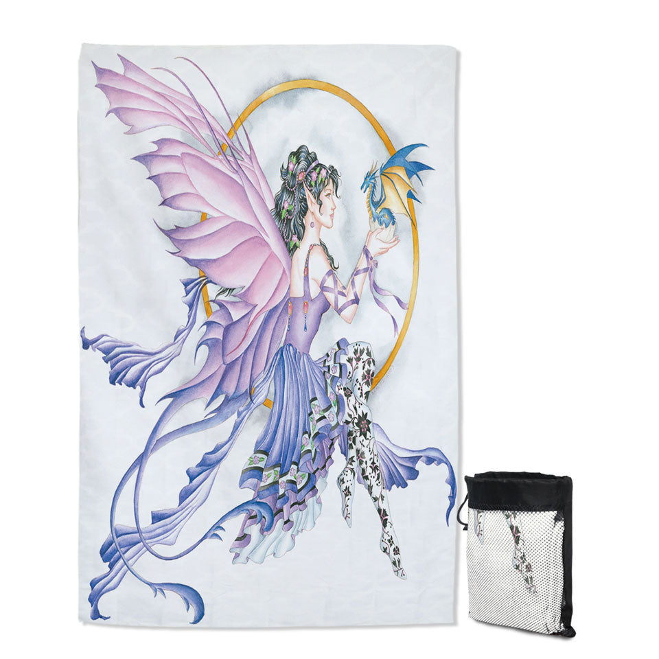 Fantasy Drawing Purplish Fairy and Little Dragon Beach Towels