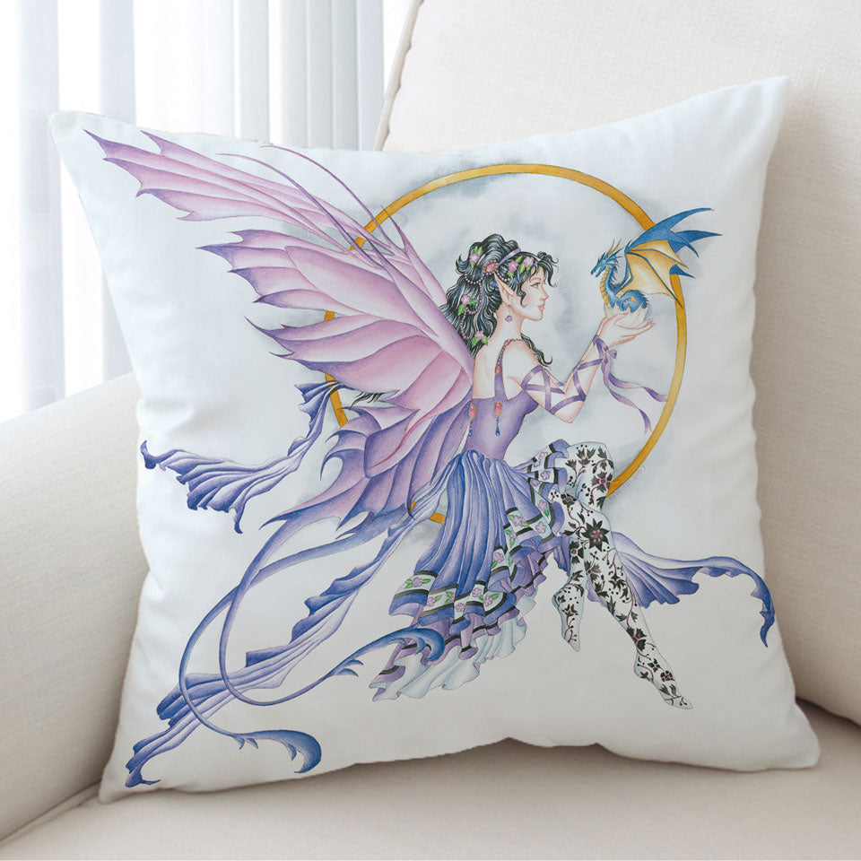 Fantasy Drawing Purplish Fairy and Little Dragon Cushion