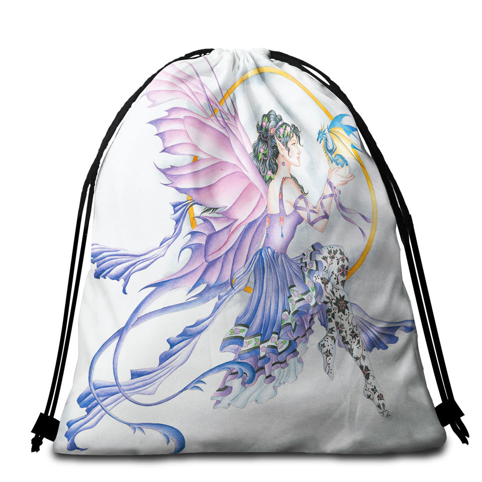 Fantasy Drawing Purplish Fairy and Little Dragon Packable Beach Towel