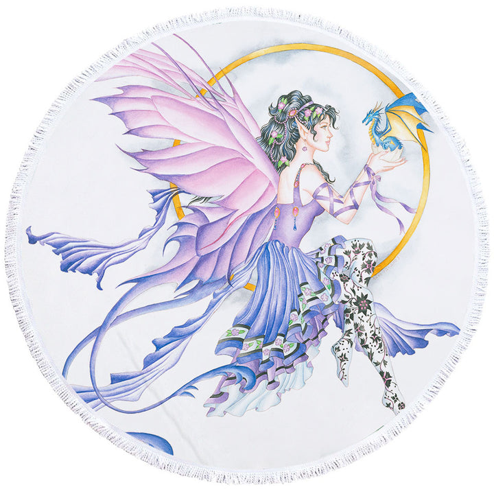 Fantasy Drawing Purplish Fairy and Little Dragon Round Towel
