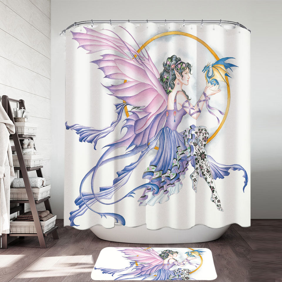 Fantasy Drawing Purplish Fairy and Little Dragon Shower Curtain
