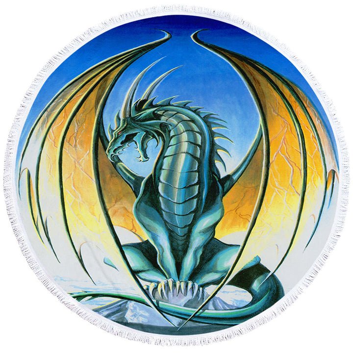 Fantasy Drawings Aerie Green Yellow Dragon Round Beach Towel
