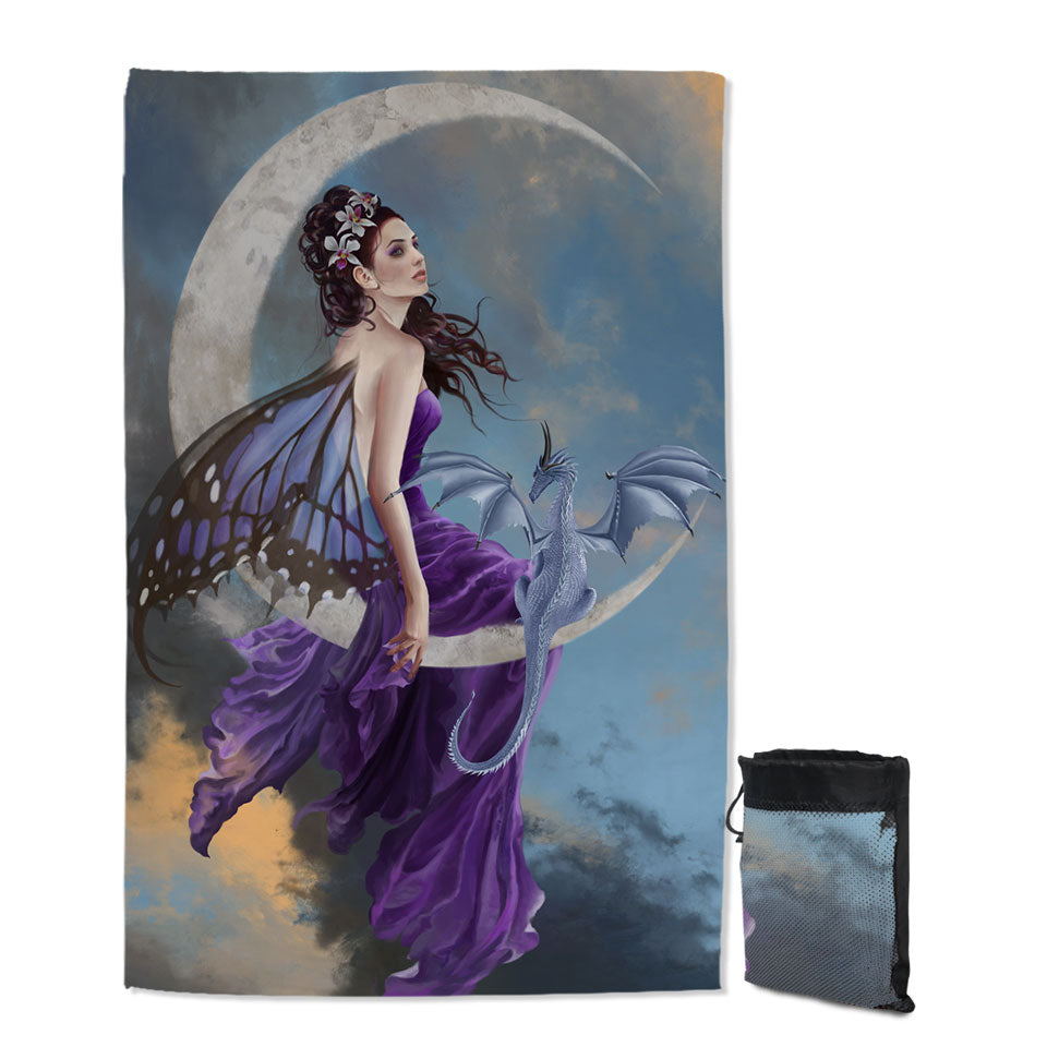 Fantasy Giant Beach Towel Art the Pretty Purple Moon Fairy and Dragon