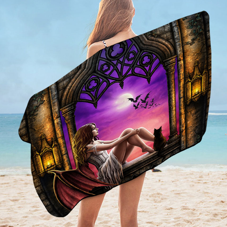 Fantasy Gothic Art Beautiful Dragon Angel Girl Unique Beach Towels