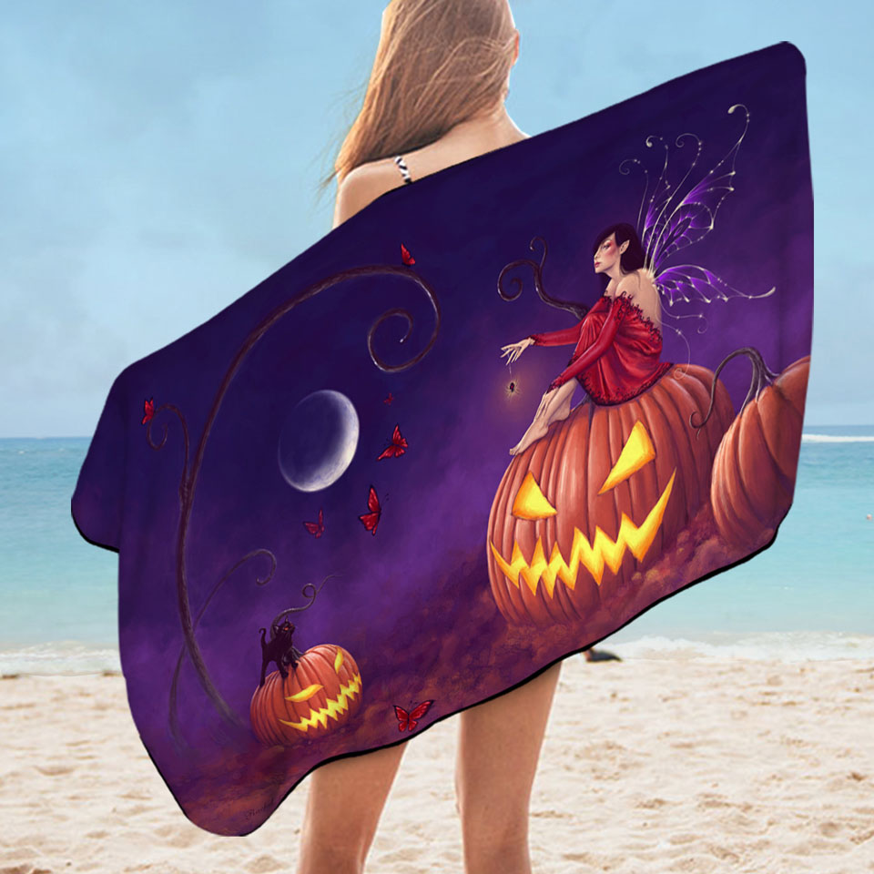 Fantasy Halloween Beach Towel Witch Fairy and Scary Pumpkins