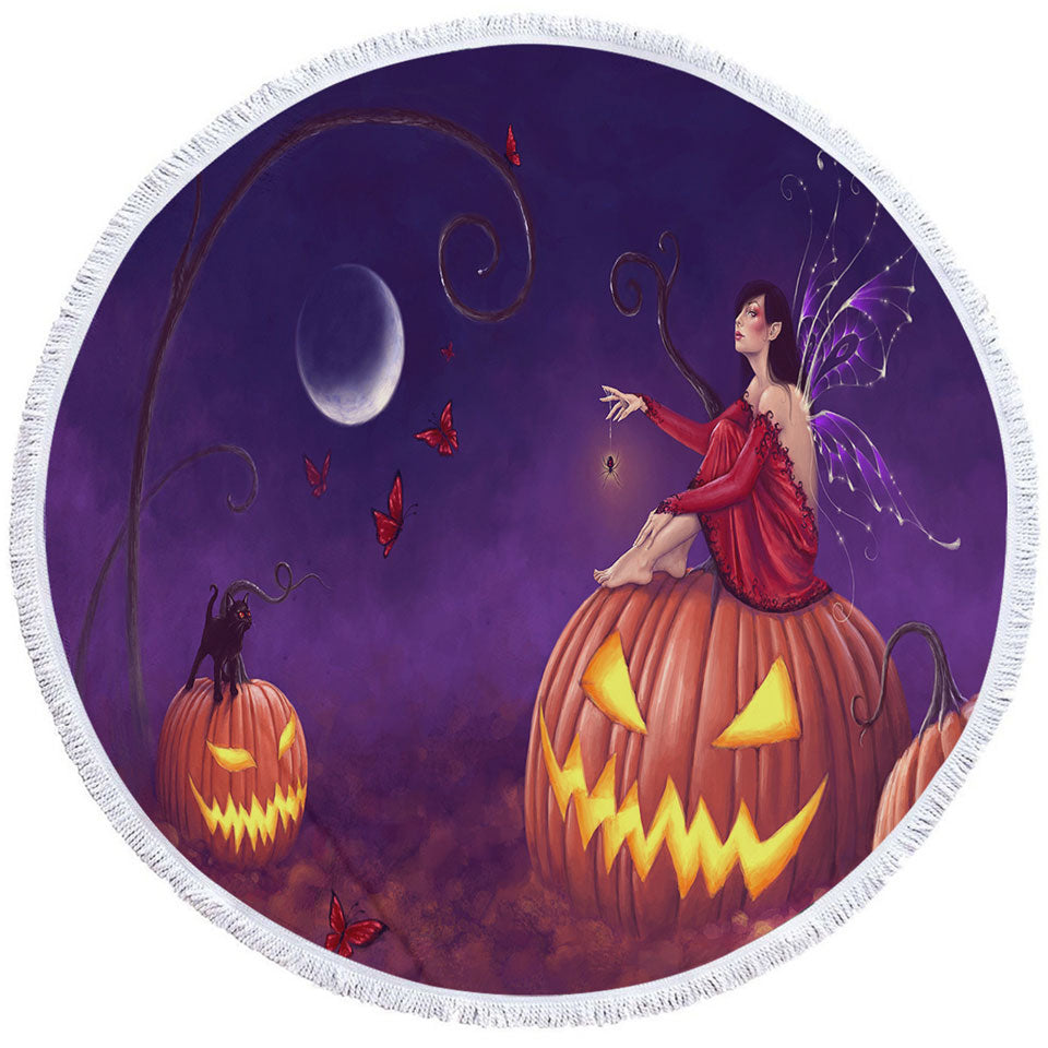 Fantasy Halloween Beach Towels Witch Fairy and Scary Pumpkins