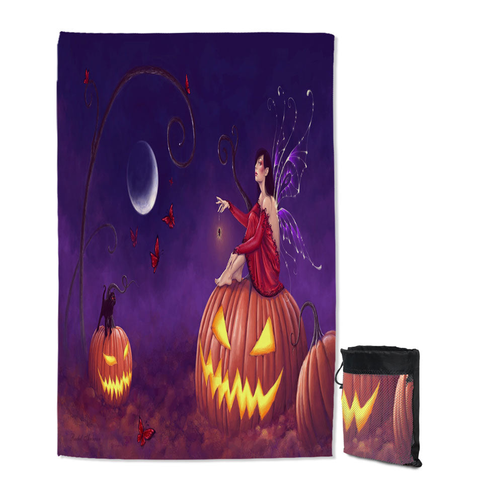 Fantasy Halloween Quick Dry Beach Towel Witch Fairy and Scary Pumpkins