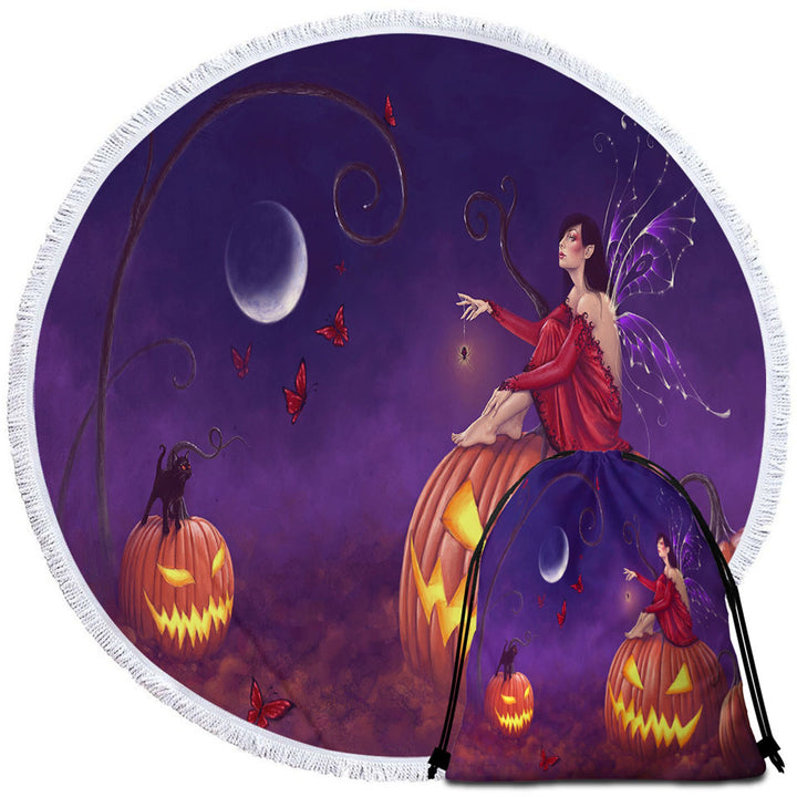 Fantasy Halloween Travel Beach Towel Witch Fairy and Scary Pumpkins