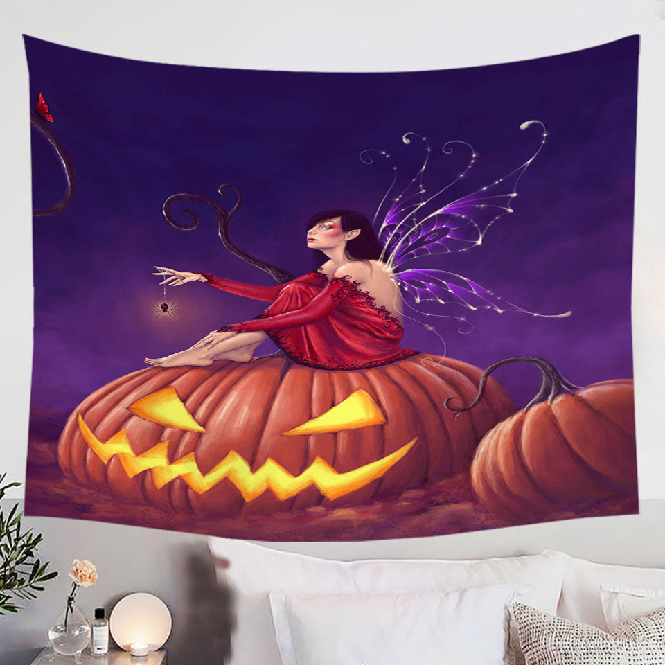 Fantasy-Halloween-Wall-Decor-Witch-Fairy-and-Scary-Pumpkins-Tapestry