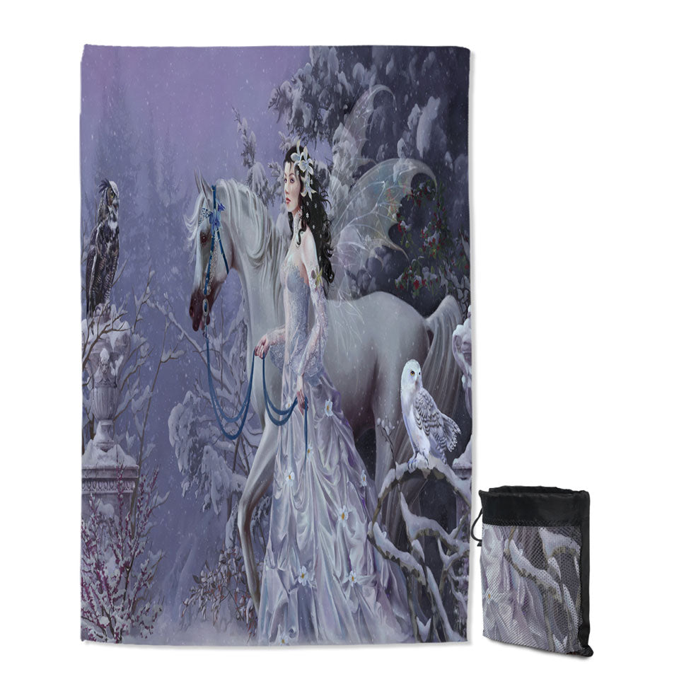 Fantasy Lightweight Beach Towel Horse Owls and the Winter Wings Fairy
