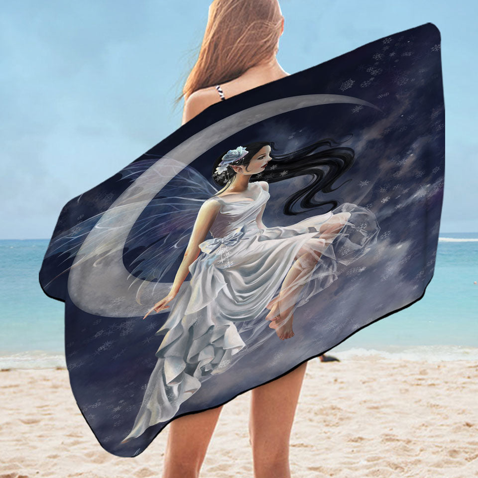 Fantasy Microfiber Beach Towel Art Moon and the Beautiful Frost Fairy