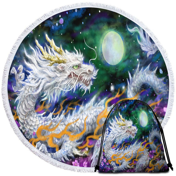 Fantasy Microfiber Beach Towel Space White Dragon and The Moon