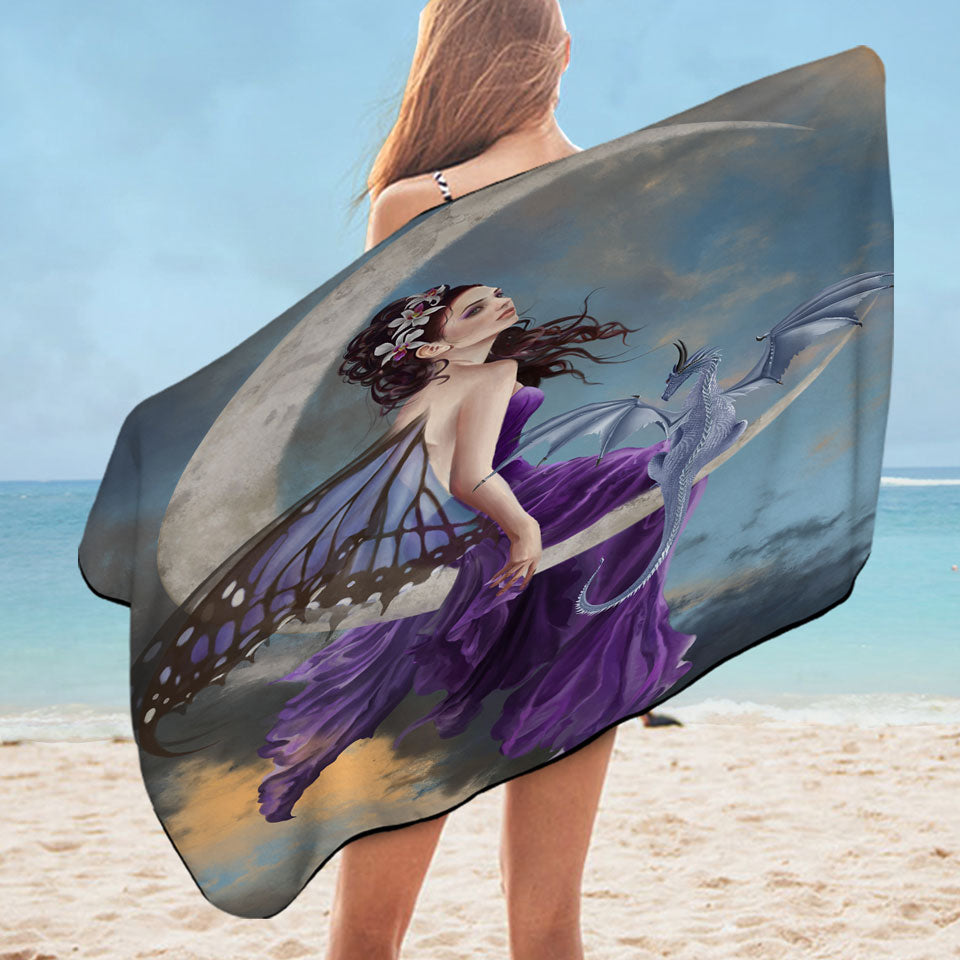 Fantasy Microfibre Beach Towels Art the Pretty Purple Moon Fairy and Dragon