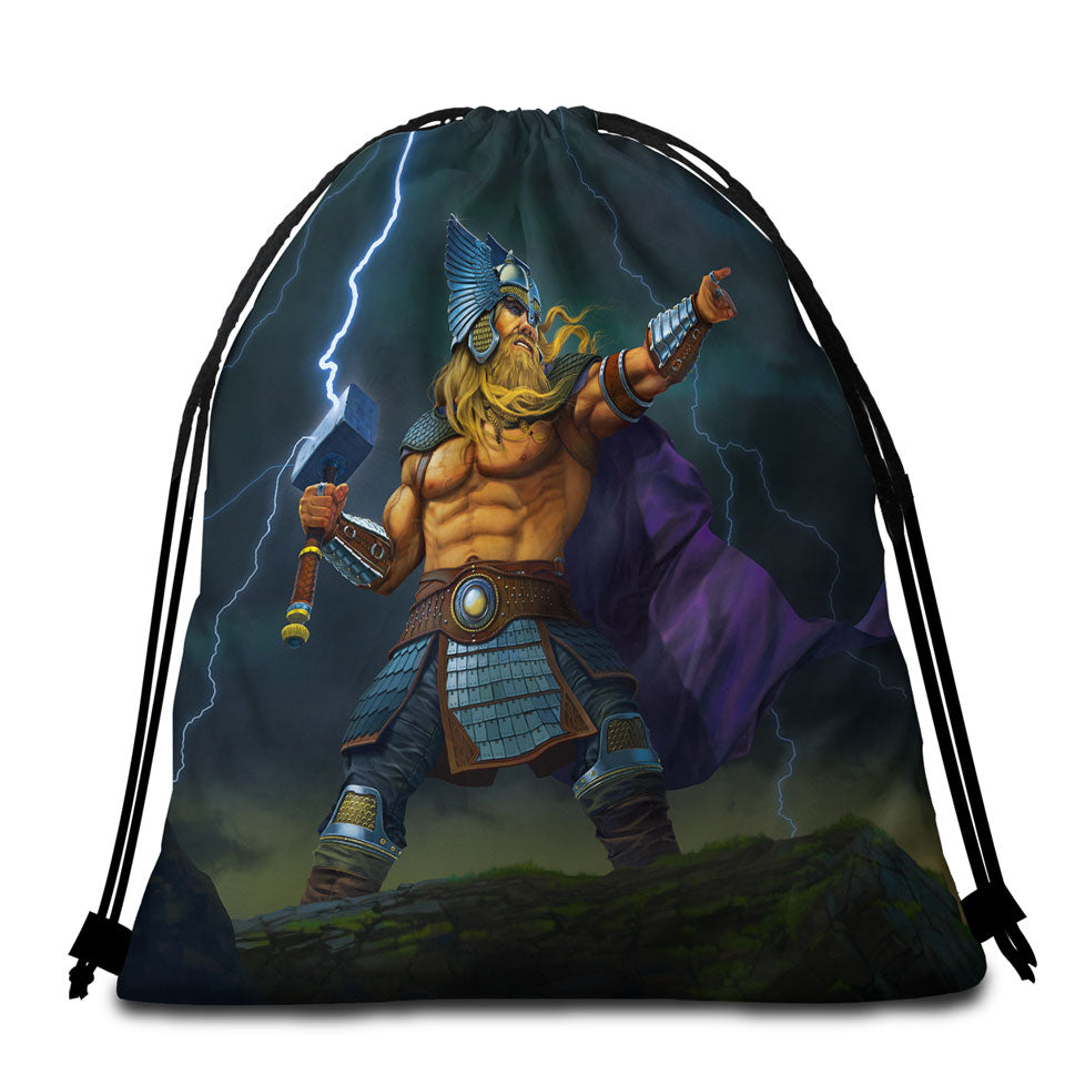 Fantasy Mythology Art God of Thunder Thor Beach Bags and Towels for Boys