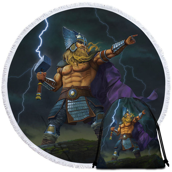 Fantasy Mythology Art God of Thunder Thor Round Beach Towel