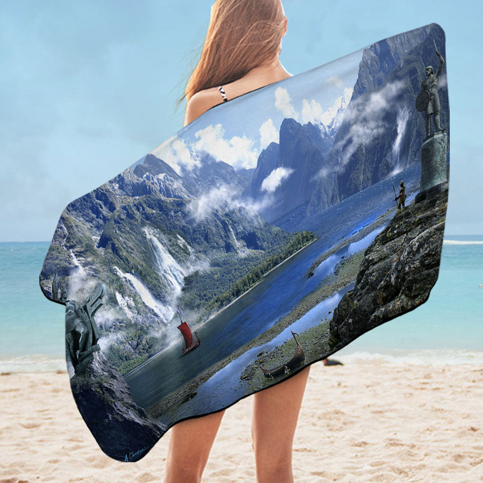 Fantasy Nature Beach Towels Artwork Viking Fjord