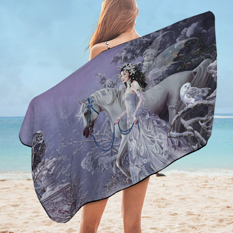 Fantasy Pool Towels Horse Owls and the Winter Wings Fairy