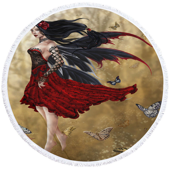 Fantasy Round Beach Towel Art Butterflies and Attractive Flamenco Fairy