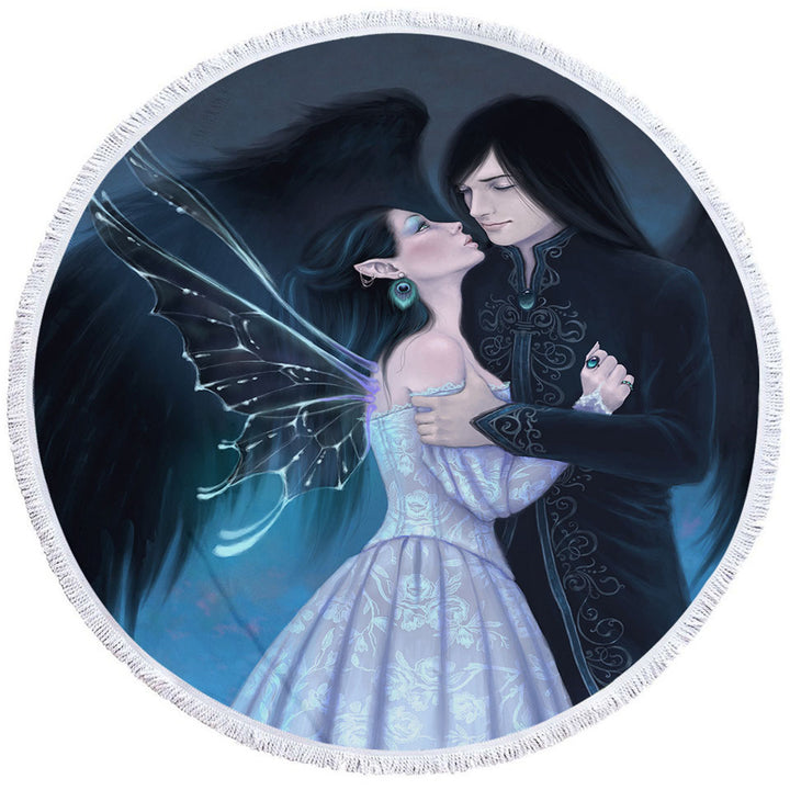 Fantasy Round Beach Towel Art Lovers Dark Angel and Sapphire Fairy