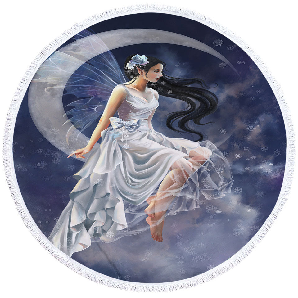Fantasy Round Beach Towel Art Moon and the Beautiful Frost Fairy