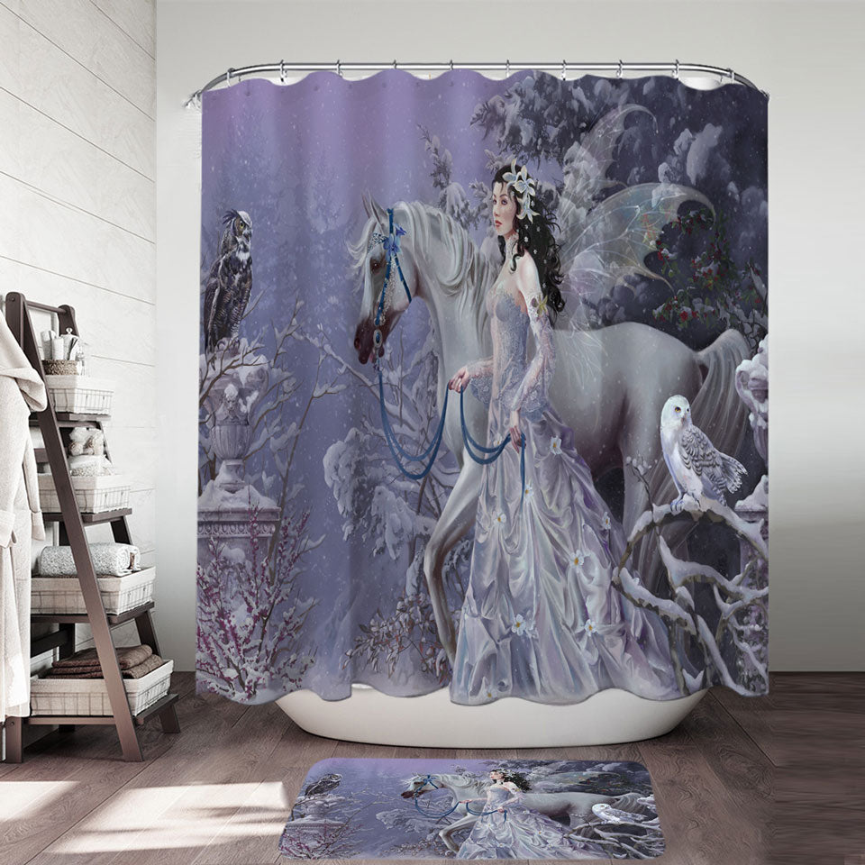 Fantasy Shower Curtain Horse Owls and the Winter Wings Fairy