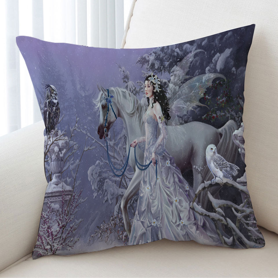 Fantasy Sofa Pillows Horse Owls and the Winter Wings Fairy