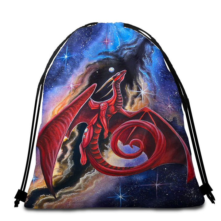 Fantasy Space Beach Towel Bag Red Dragon Art Watcher at the Divine