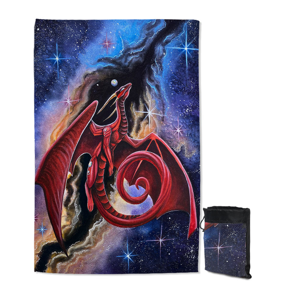 Fantasy Space Beach Towels Red Dragon Art Watcher at the Divine