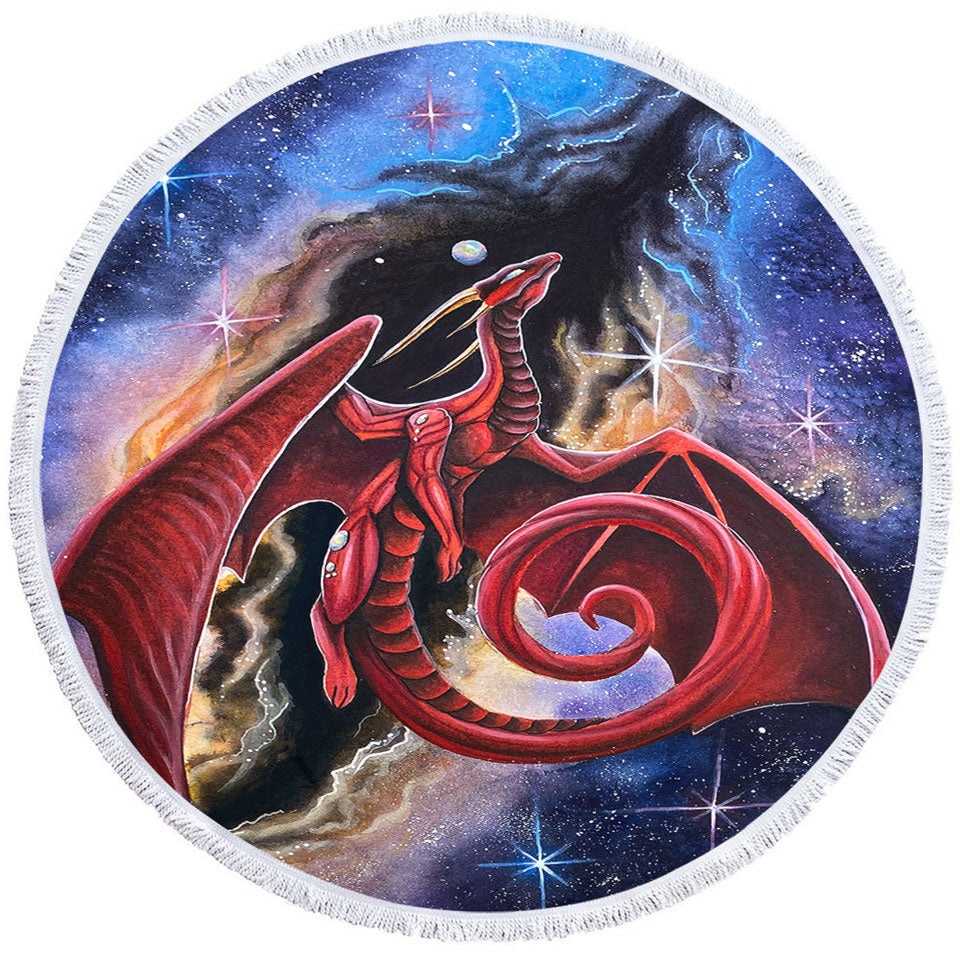 Fantasy Space Circle Beach Towel Red Dragon Art Watcher at the Divine