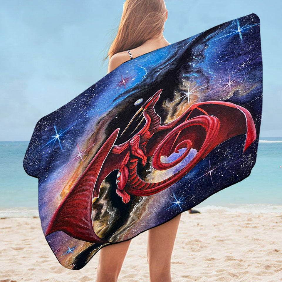 Fantasy Space Microfiber Beach Towel Red Dragon Art Watcher at the Divine