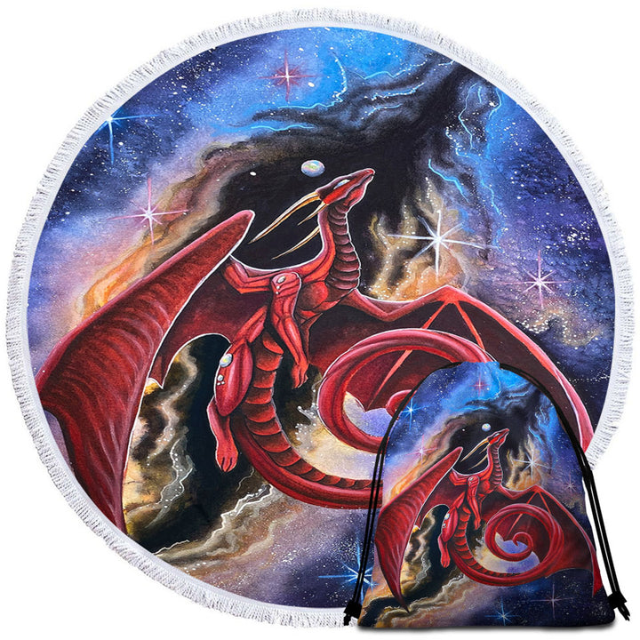 Fantasy Space Round beach Towel Red Dragon Art Watcher at the Divine