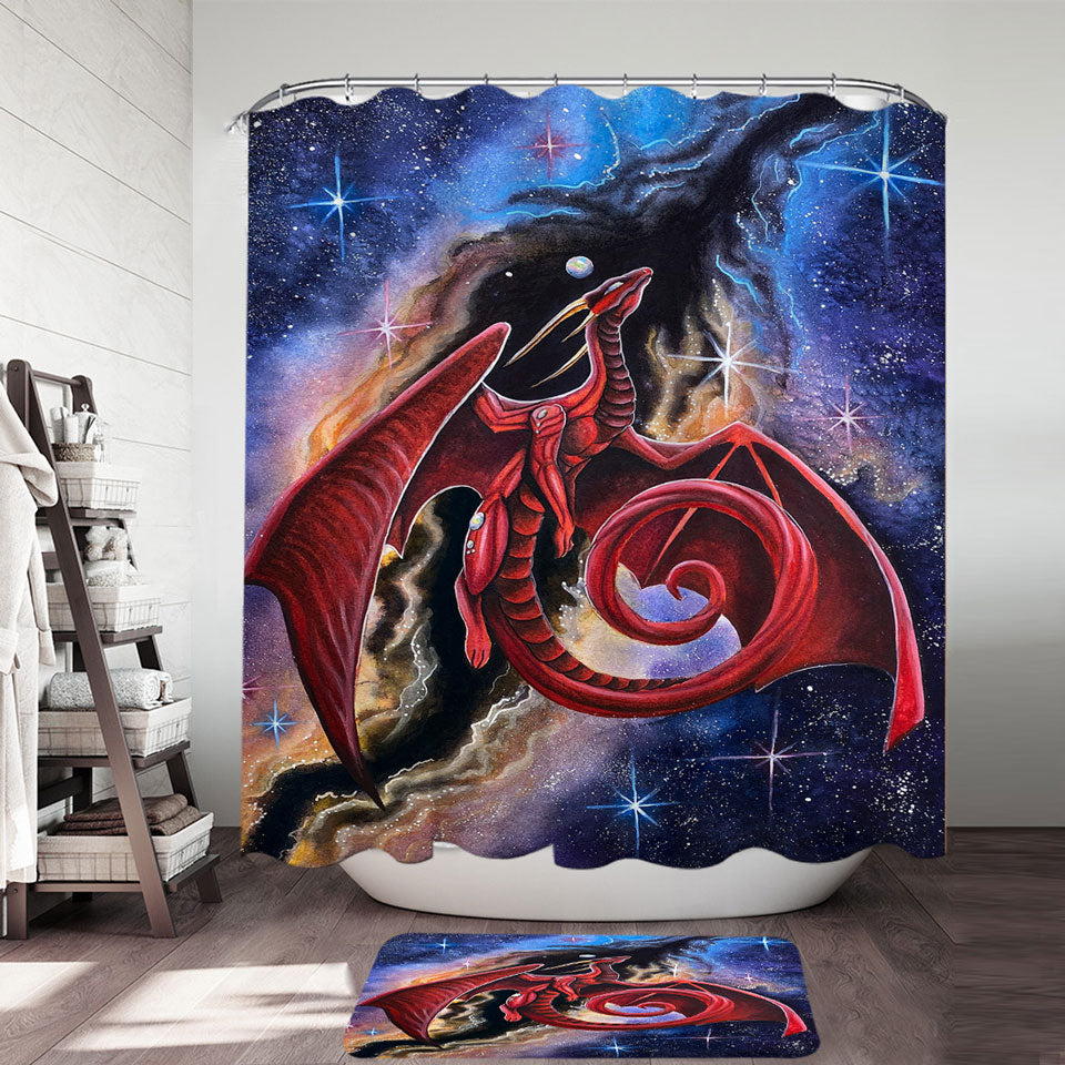 Fantasy Space Shower Curtains Red Dragon Art Watcher at the Divine