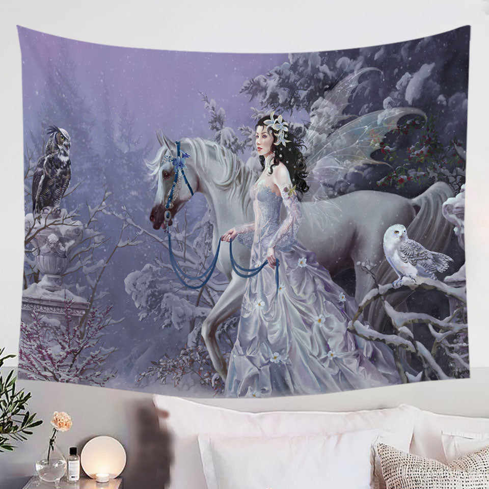 Fantasy-Tapestry-Wall-Decor-Horse-Owls-and-the-Winter-Wings-Fairy