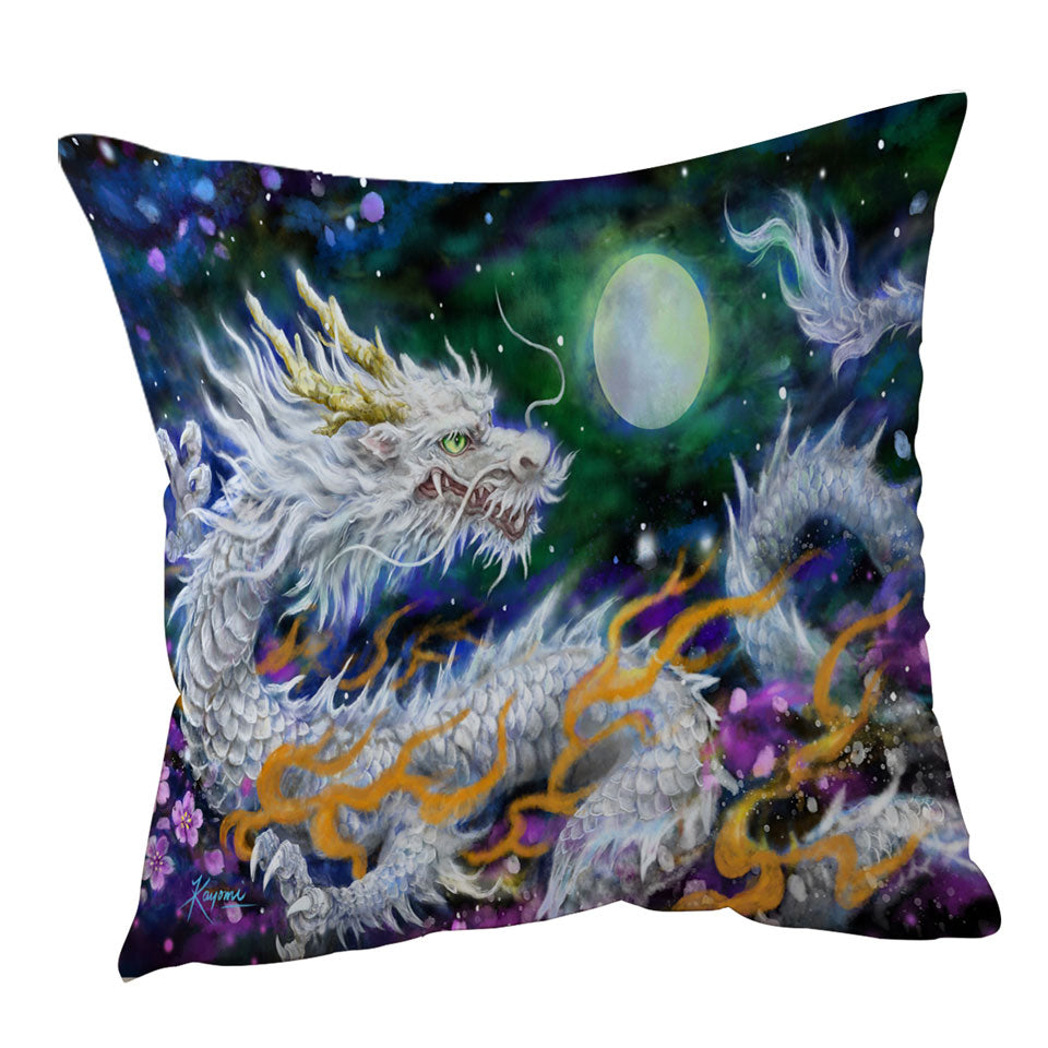 Fantasy Throw Pillows Space White Dragon and The Moon