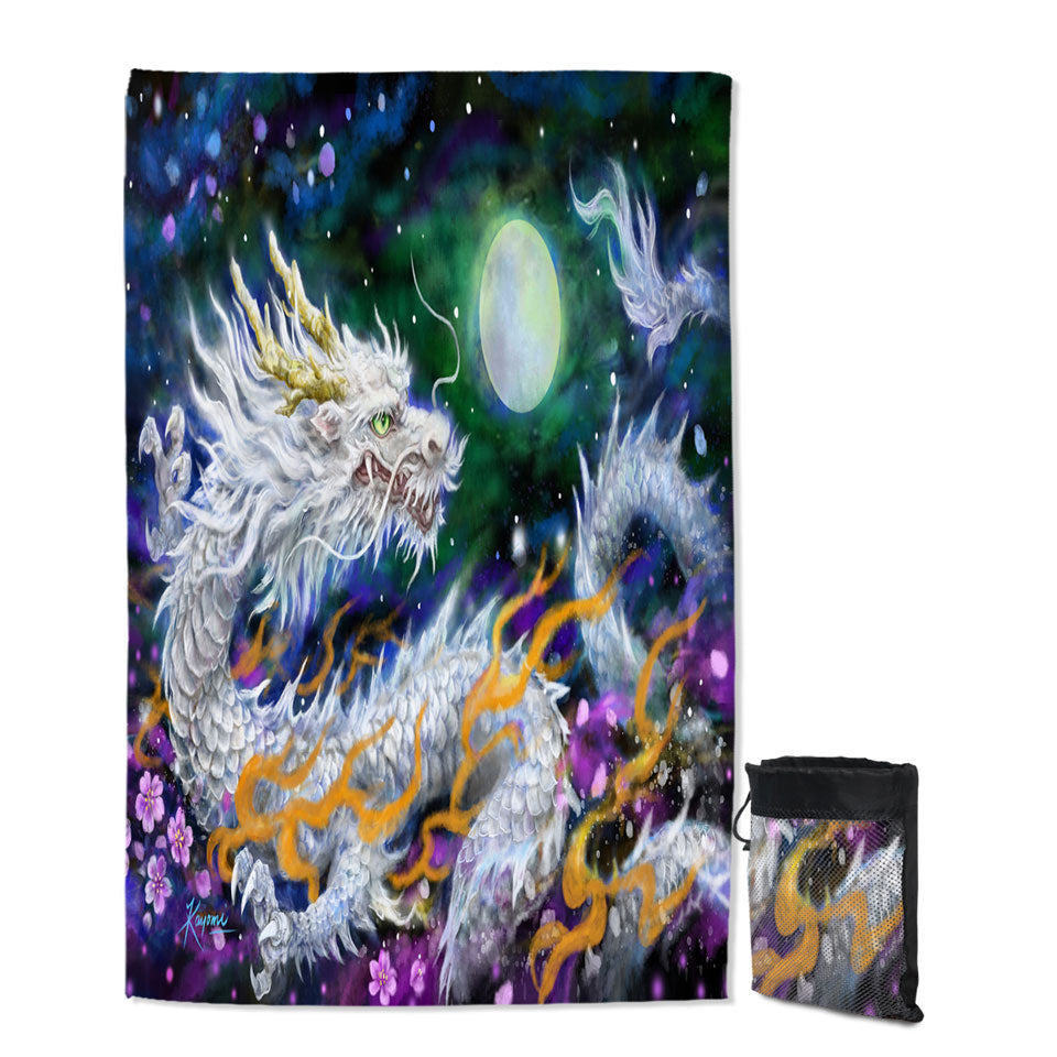 Fantasy Unique Beach Towels Space White Dragon and The Moon