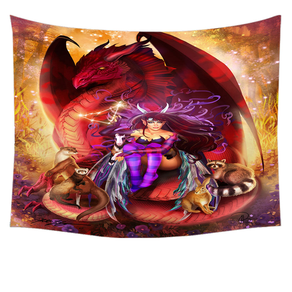 Fantasy Wall Decor Scene Red Dragon Fairy and Animal Friends Tapestry