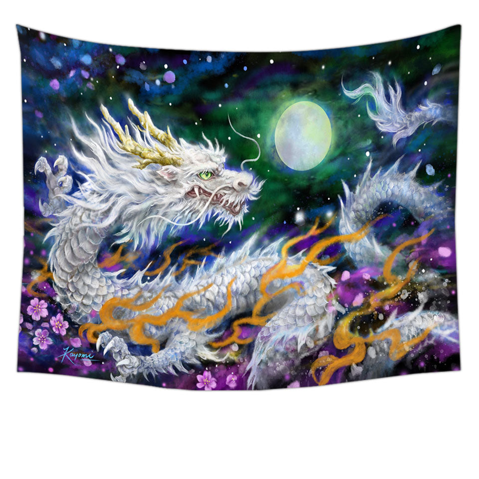 Fantasy Wall Decor Tapestries Space White Dragon and The Moon