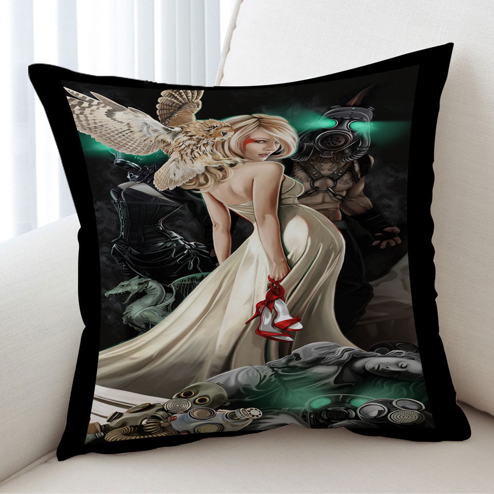 Fiction Art Beautiful Blond Girl and Owl Cushion Cover