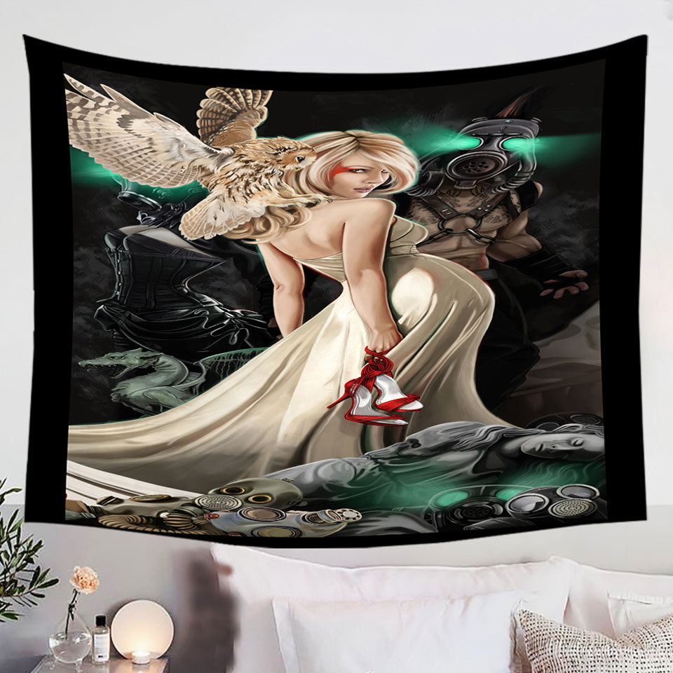 Fiction-Art-Beautiful-Blond-Girl-and-Owl-Hanging-Fabric-On-Wall
