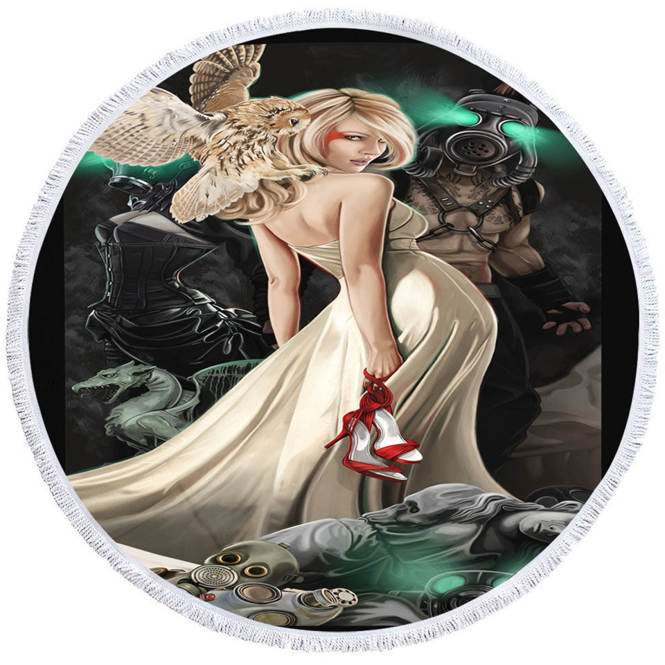 Fiction Art Beautiful Blond Girl and Owl Unique Beach Towels