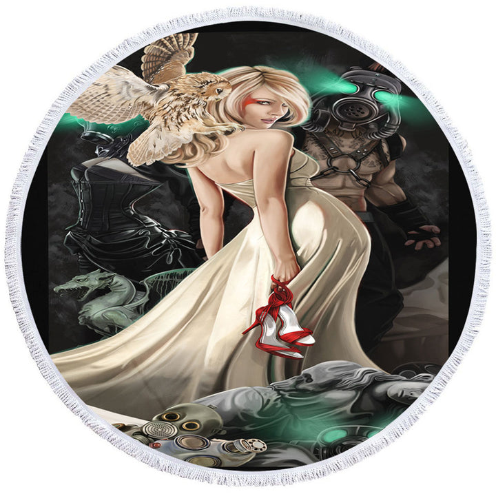 Fiction Art Beautiful Blond Girl and Owl Unique Beach Towels