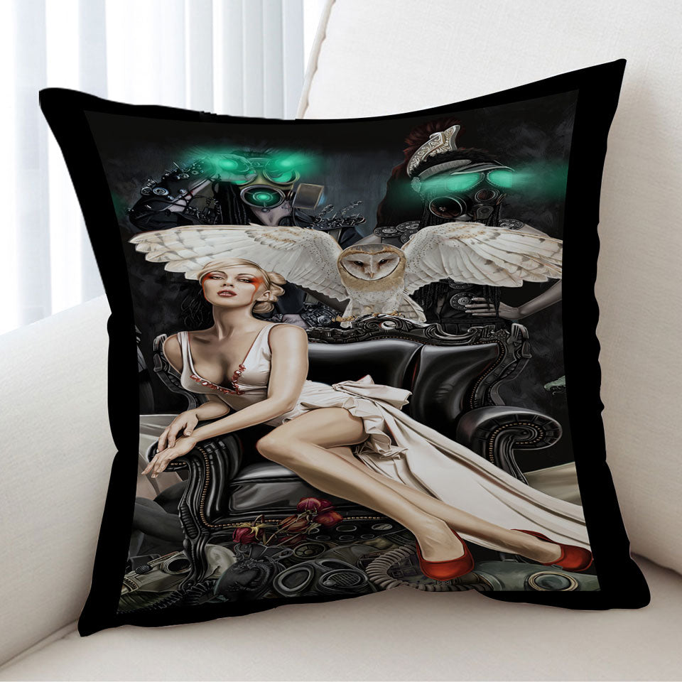 Fiction Art Gorgeous Blond Girl and Owl Cushion